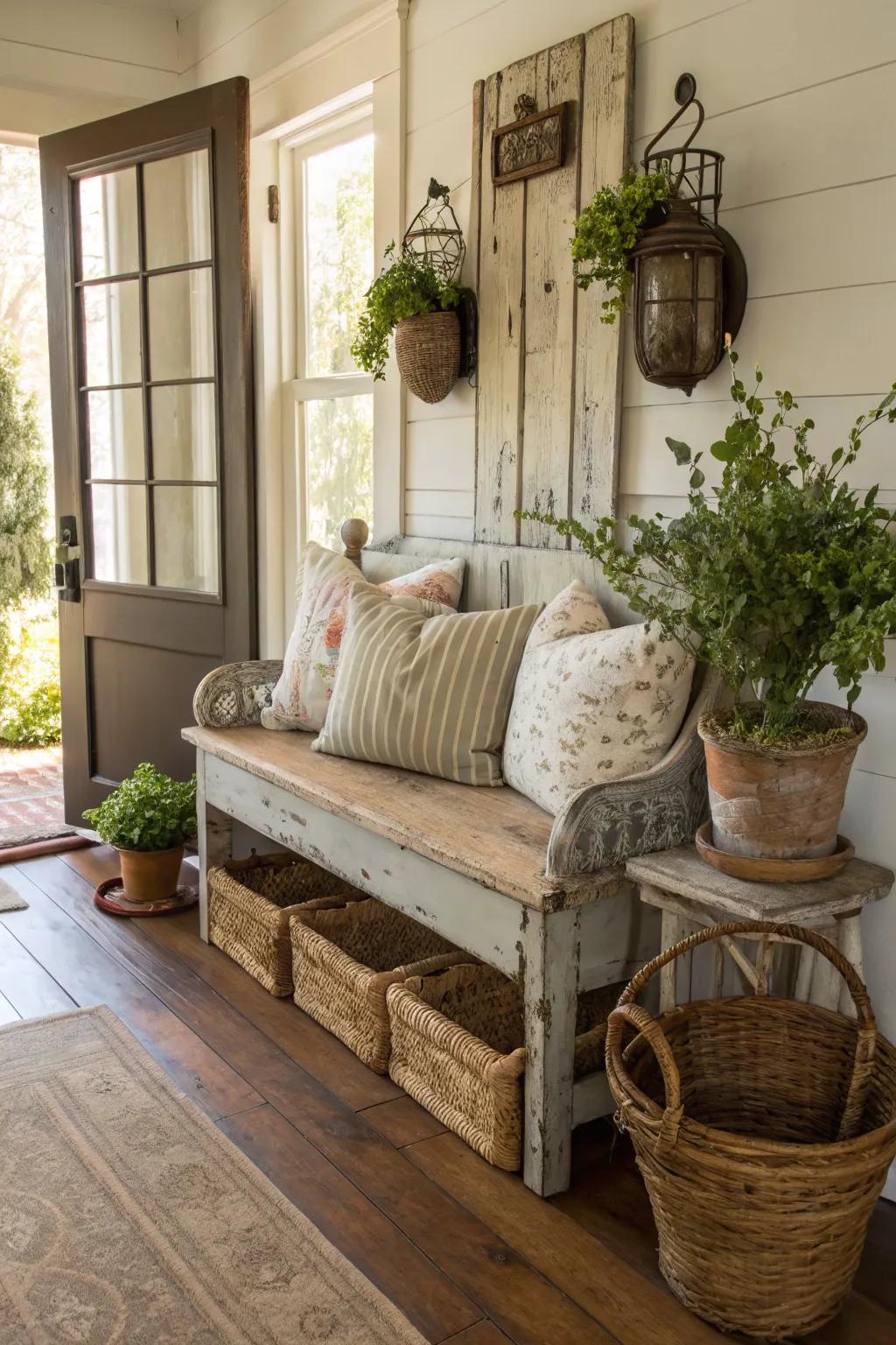 A bench with an aged surface imparts a timeless charm to the entryway.