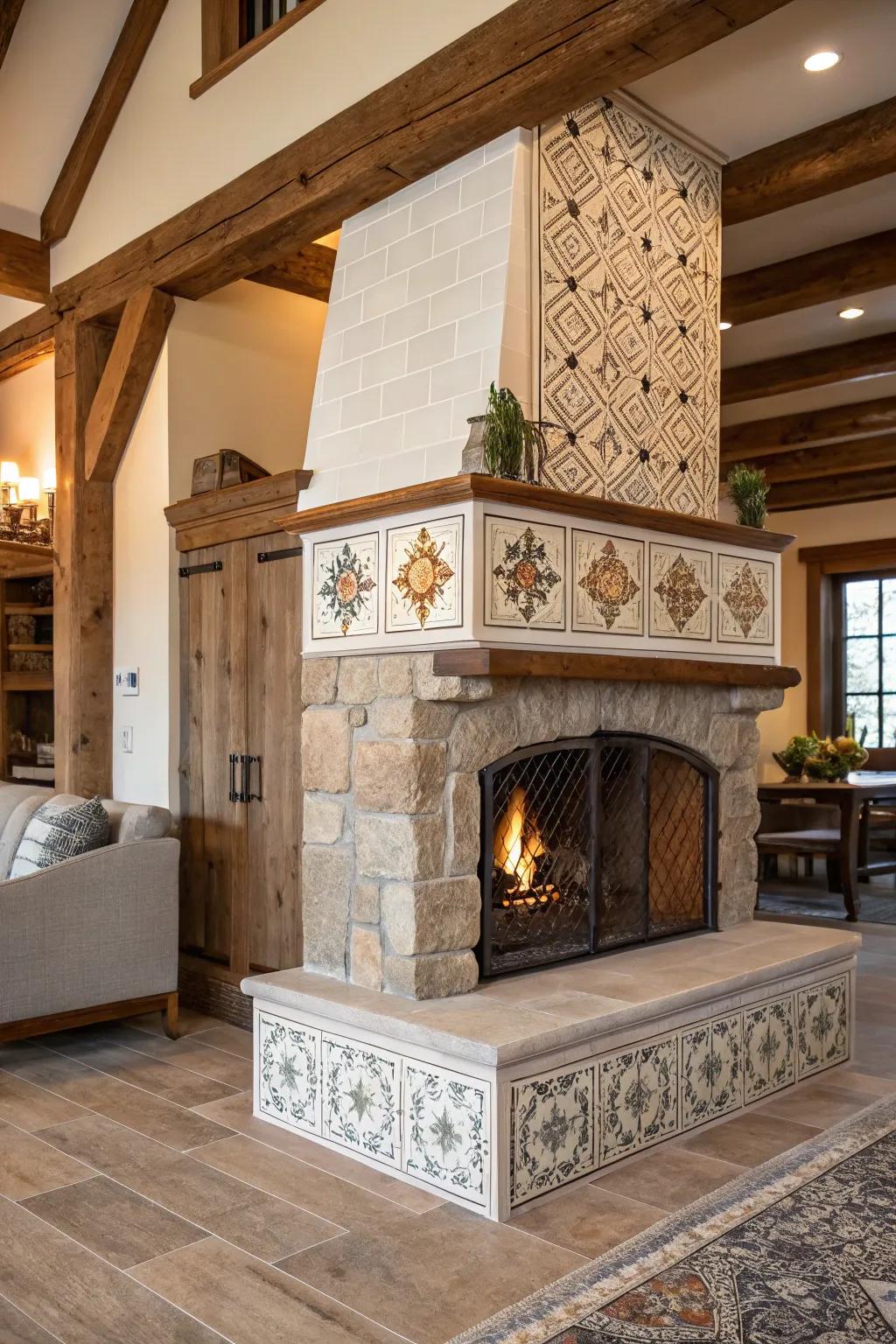 A textured farmhouse fireplace featuring mixed materials.