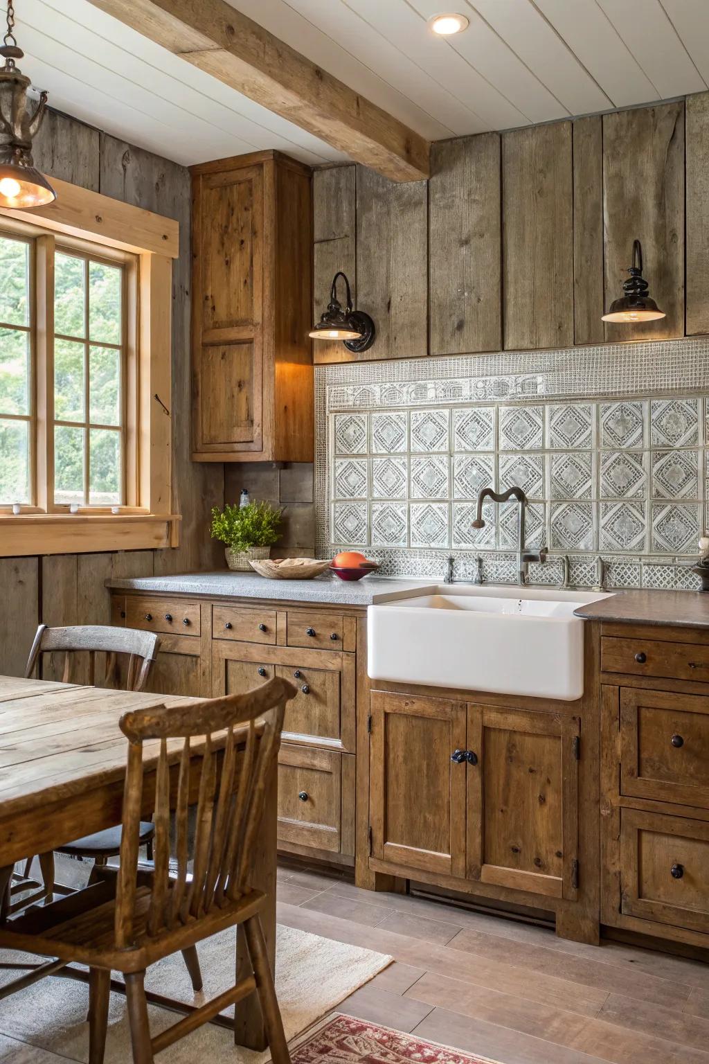 A country-style kitchen featuring a retro tin block backsplash.