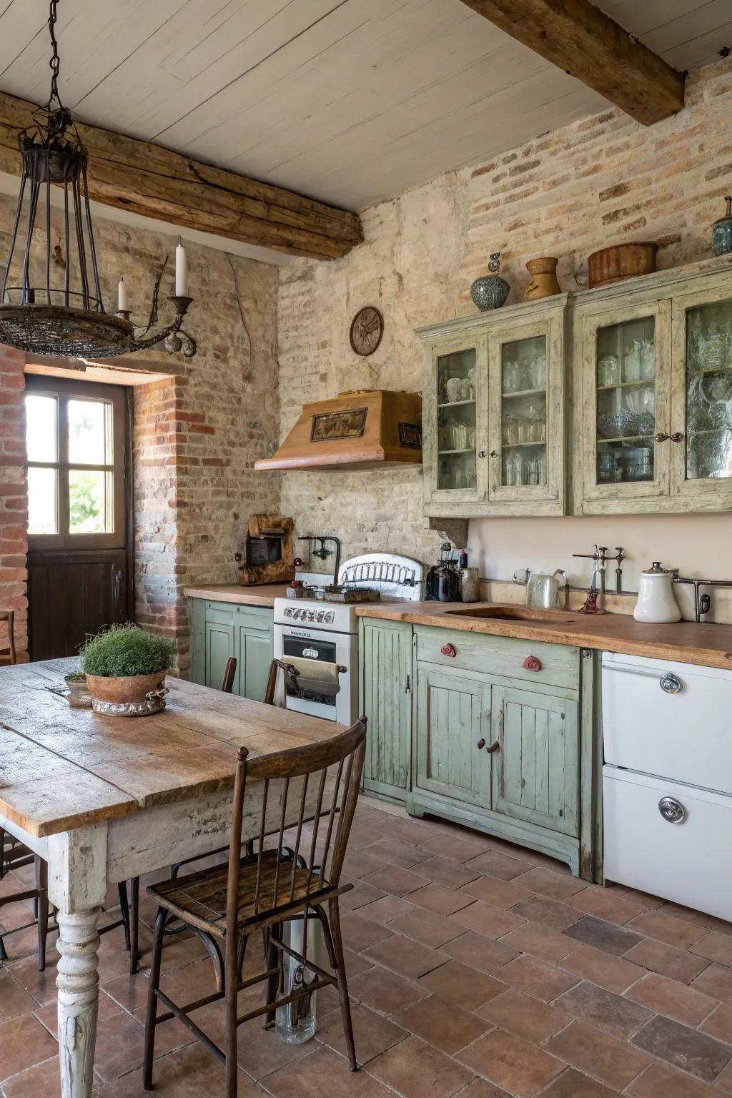 Weathered effects introduce distinctiveness and warmth to a farmhouse kitchen.