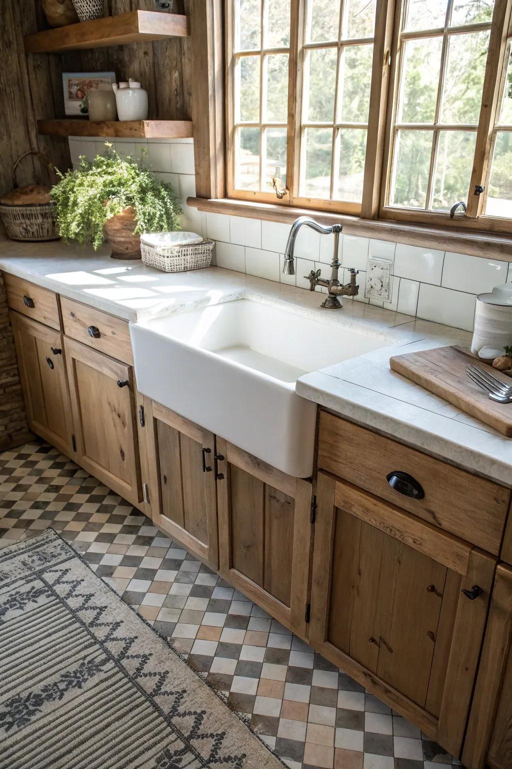 A farmhouse kitchen showcasing a pristine white fine china farmhouse basin.