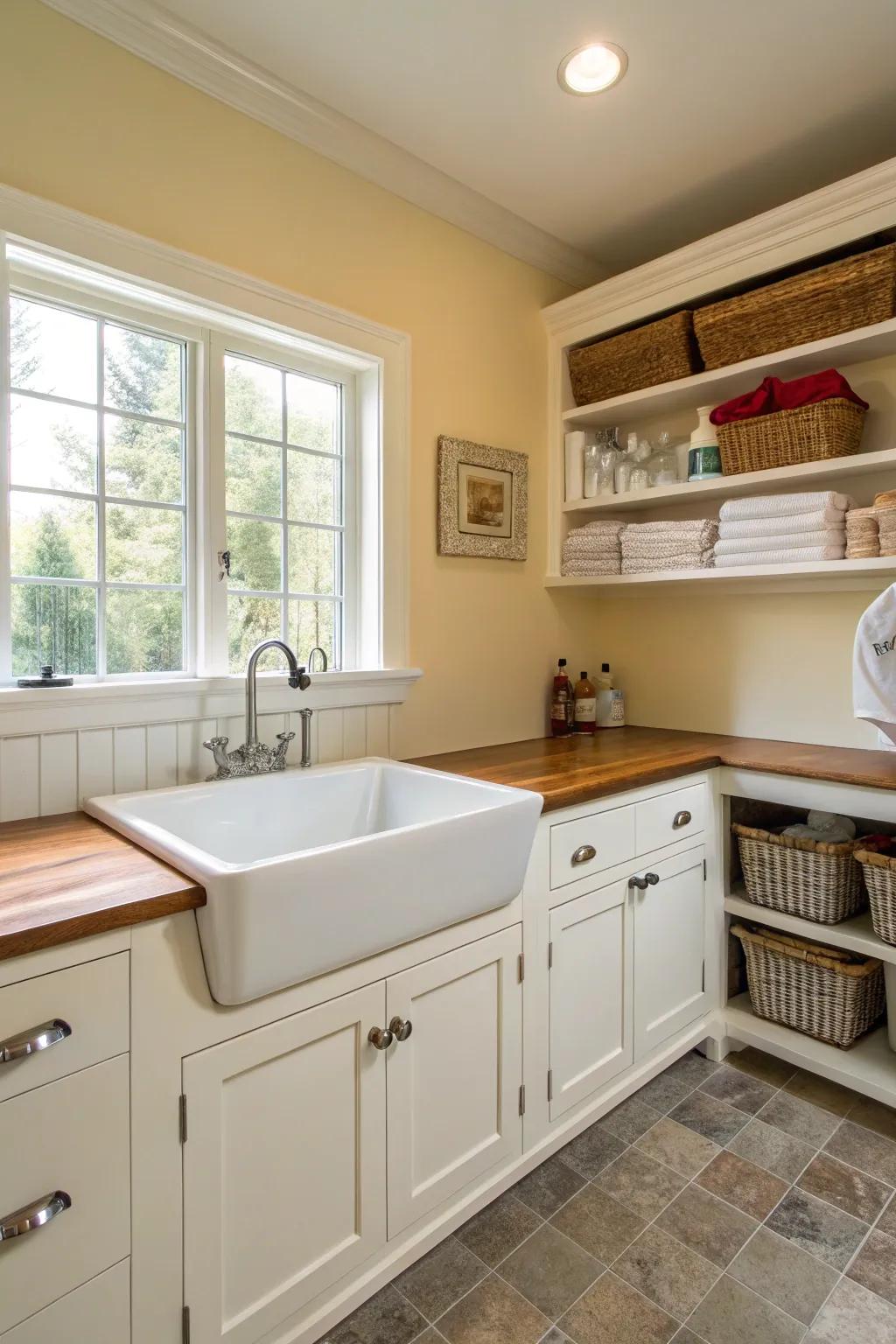 A country basin combines functionality with enduring design in this laundry area.