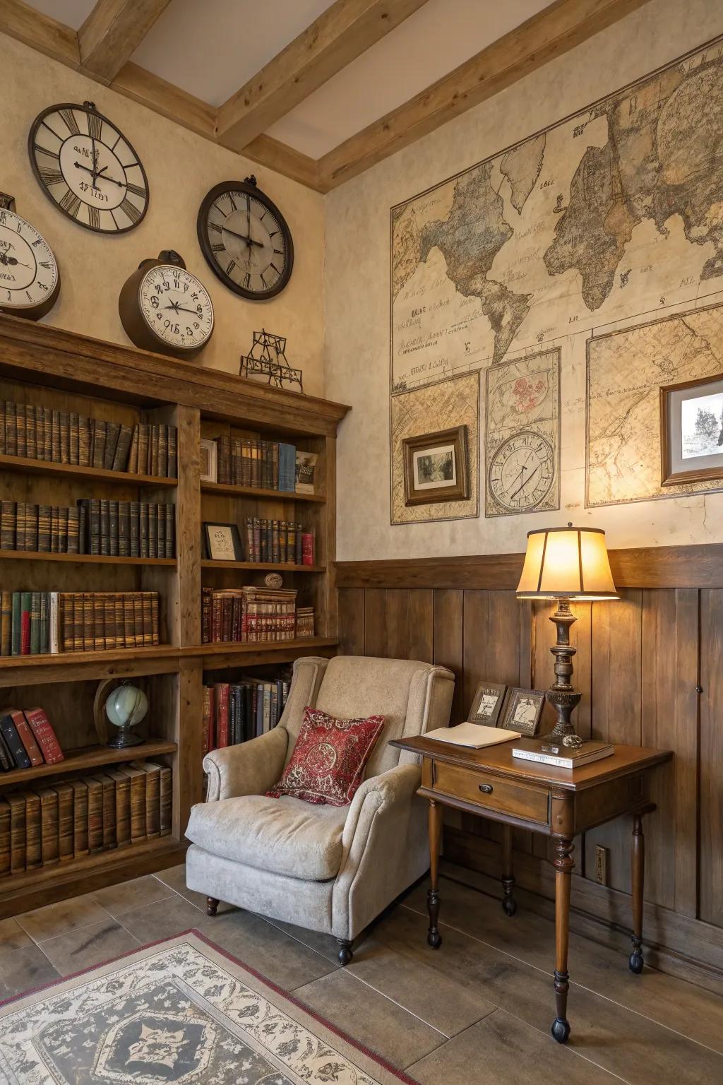 Vintage details like antique timepieces bring nostalgia to the library.