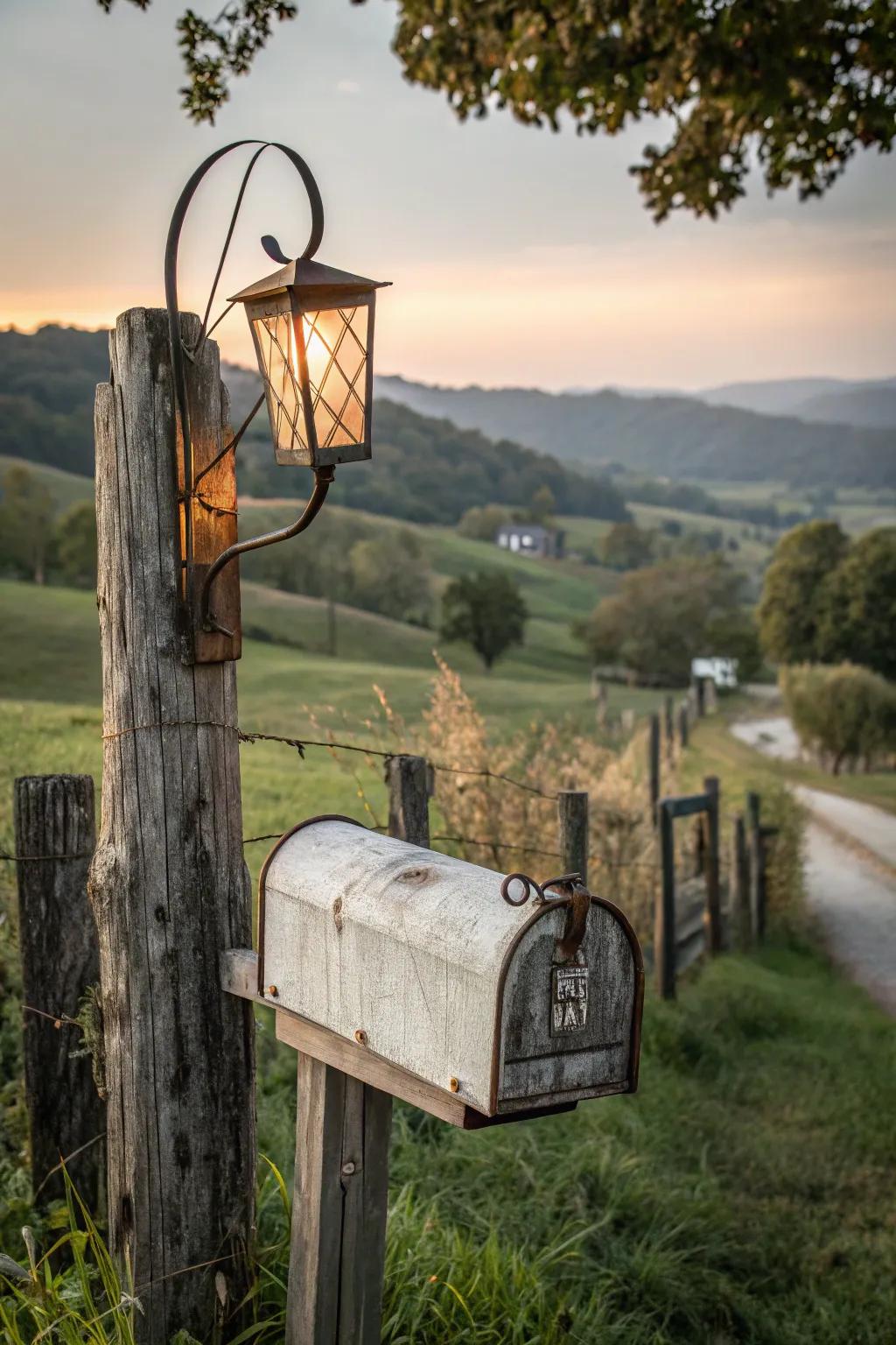 A hanging lantern casts a warm and inviting glow over this farmhouse mailbox.