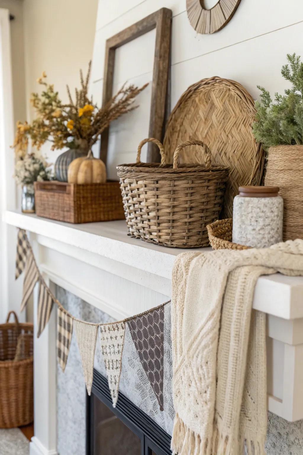 Textural layers create dimension and draw the eye to the mantel.