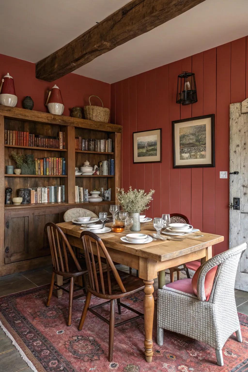 Countryside red walls infuse warmth and character into this dining area.