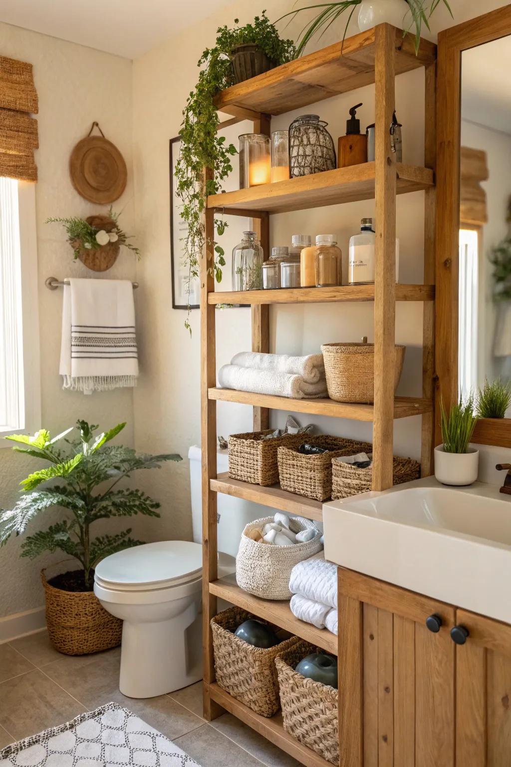 Visible timber shelving furnishes fashionable storage within this farmhouse bathroom.