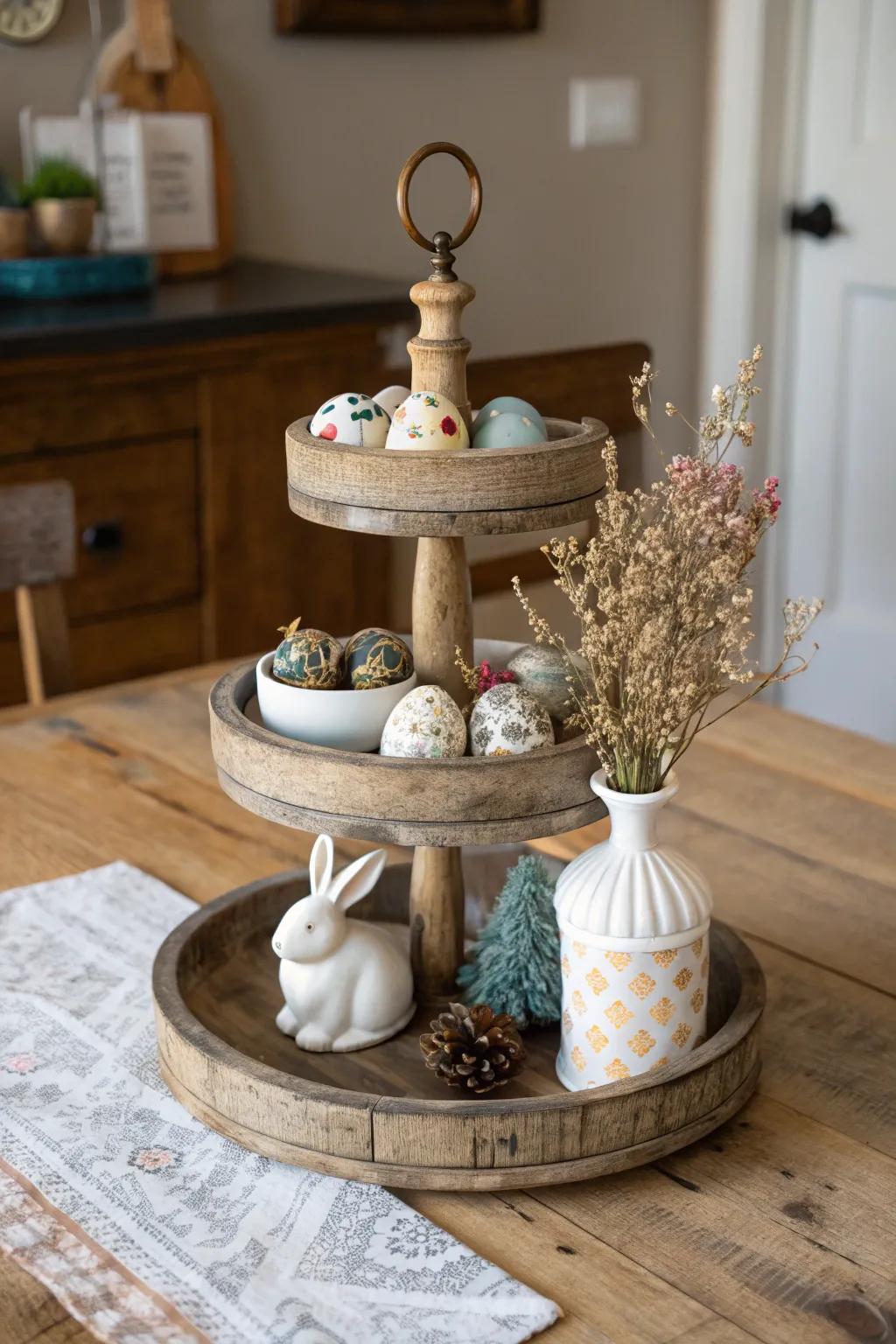 A tiered wooden stand enhances the height and visual dimension of your farmhouse table centerpiece.
