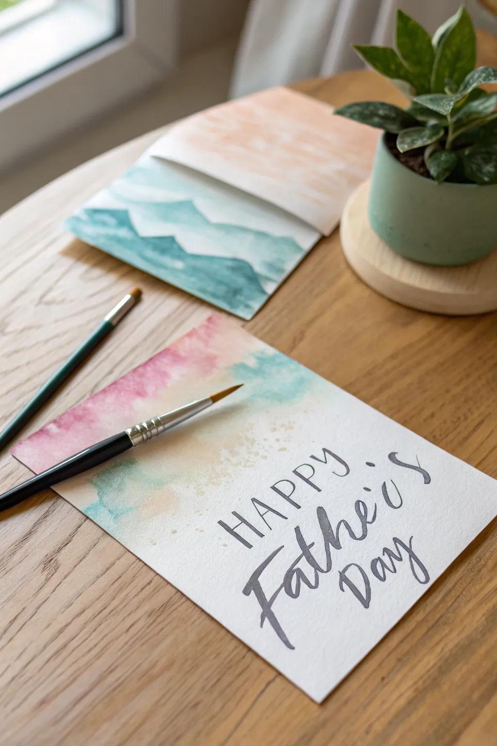 <strong><em>Compose a heartfelt missive on a watercolor tableau for Father’s Day.</em></strong>” loading=”lazy” class=”pimg”>
	</picture><figcaption><strong><em>Compose a heartfelt missive on a watercolor tableau for Father’s Day.</em></strong></figcaption></figure>
<p>Imbue the card’s foundation with watercolors for an artistic impression before appending your salutation. I admire the manner in which this technique fosters ingenuity while upholding an elegant simplicity.</p>
<h3>Might be a good match:</h3>
<ul class=