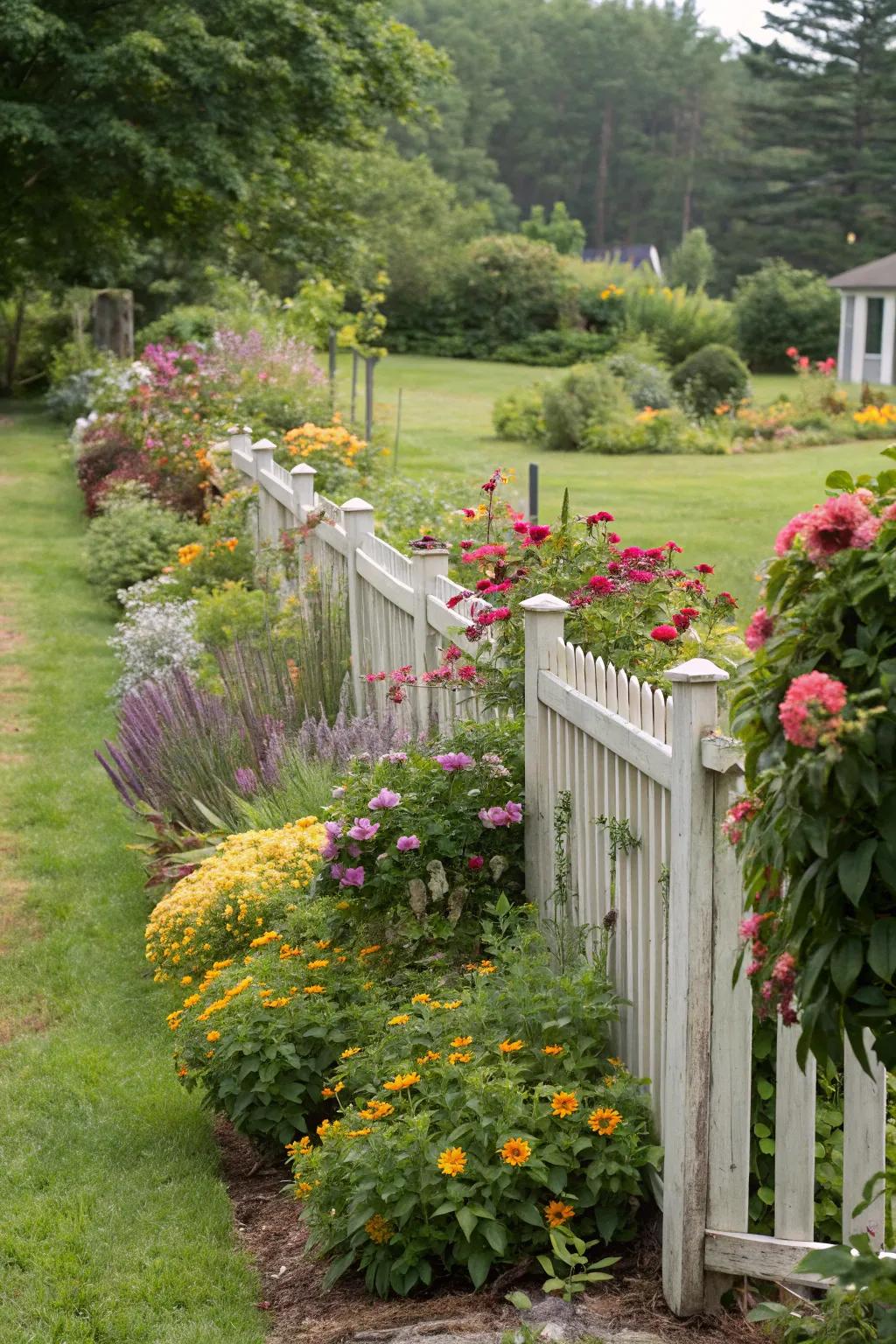 A mixed border imparts depth and chromatic richness to your fence perimeter.