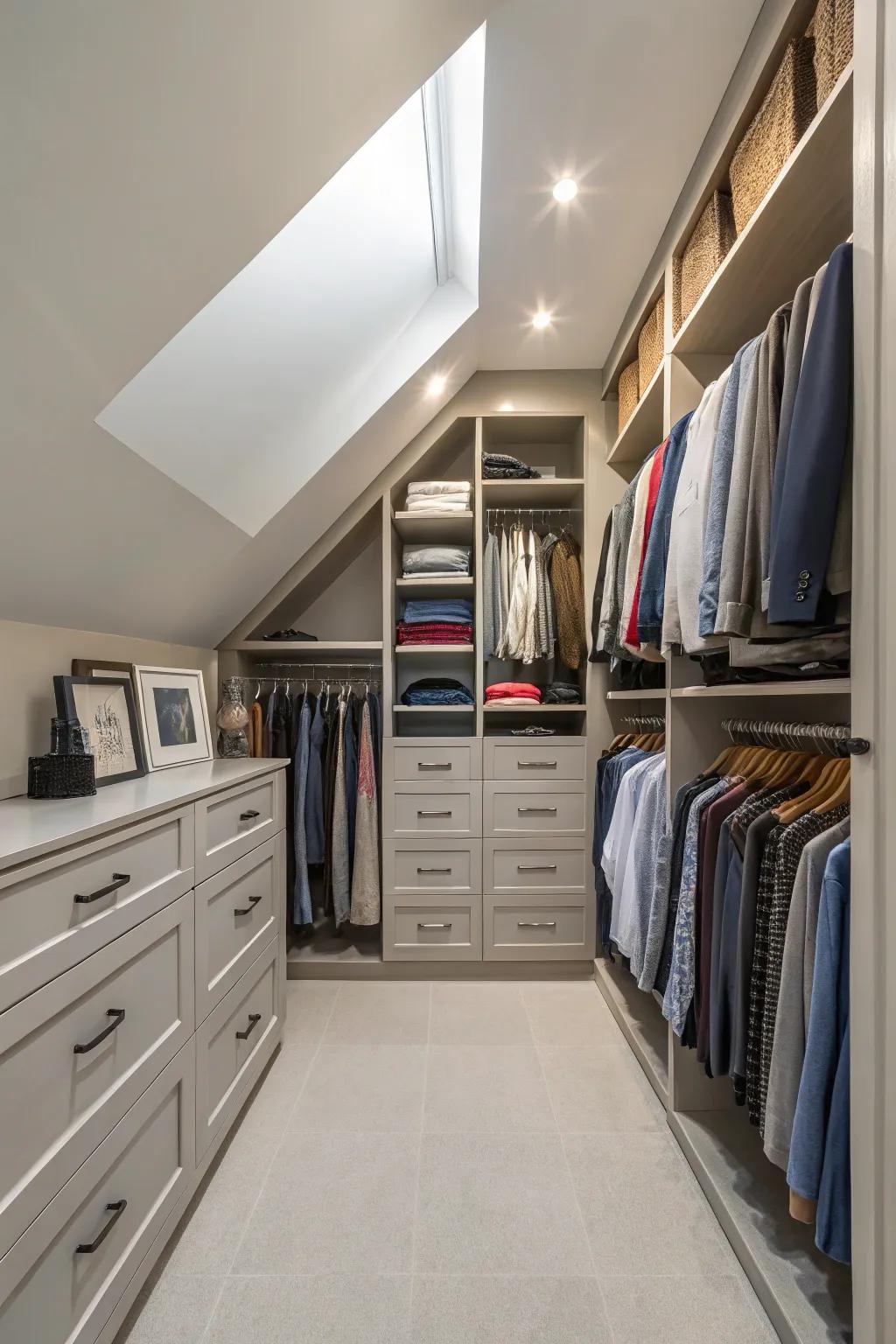 A bespoke closet design that efficiently capitalizes on attic space.