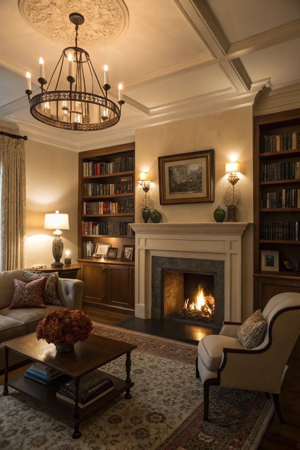 A living room featuring a fireplace alcove, exquisitely lit by a mix of lighting solutions.