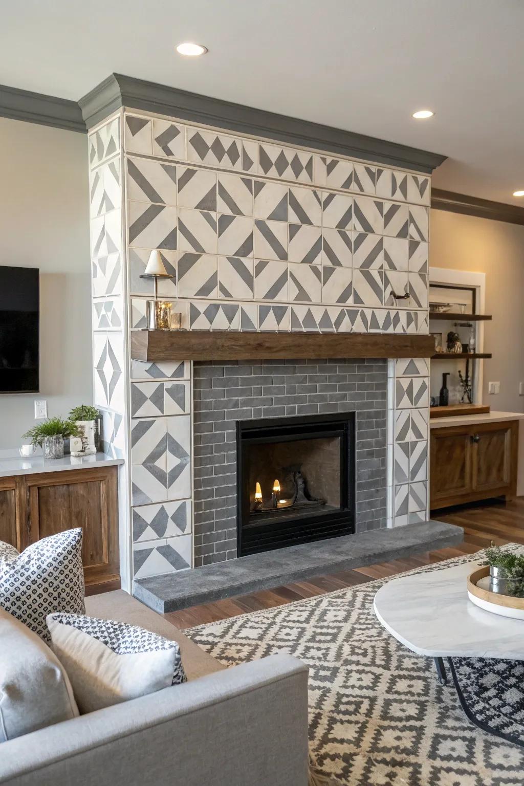 Create intrigue using geometric arrangements around your fireplace.