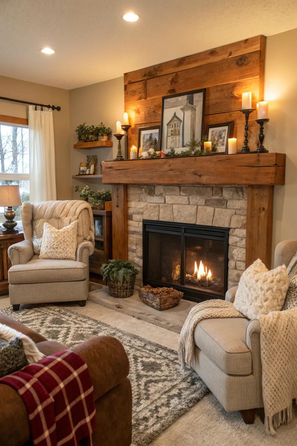 Real wood mantels add warmth and rustic charm.