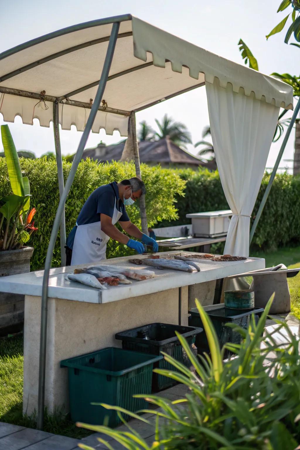 A weather-resistant sunshade ensures you stay dry while you work.