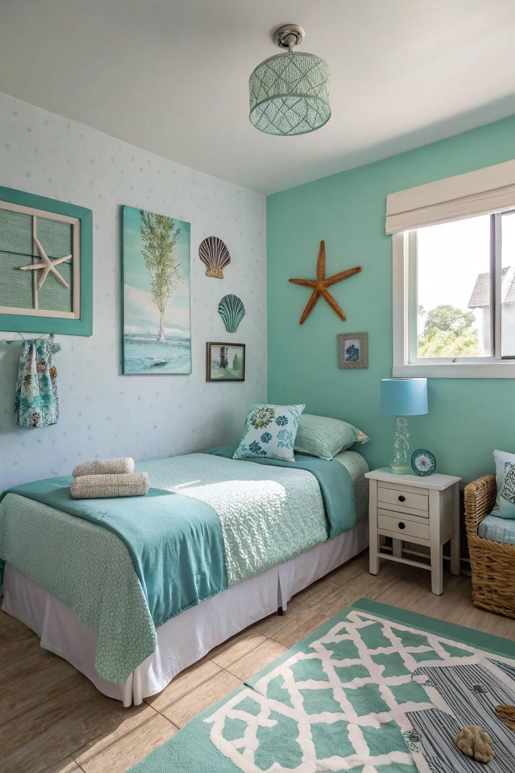 Ocean-inspired colors soothe the senses and intensify the angling motif.