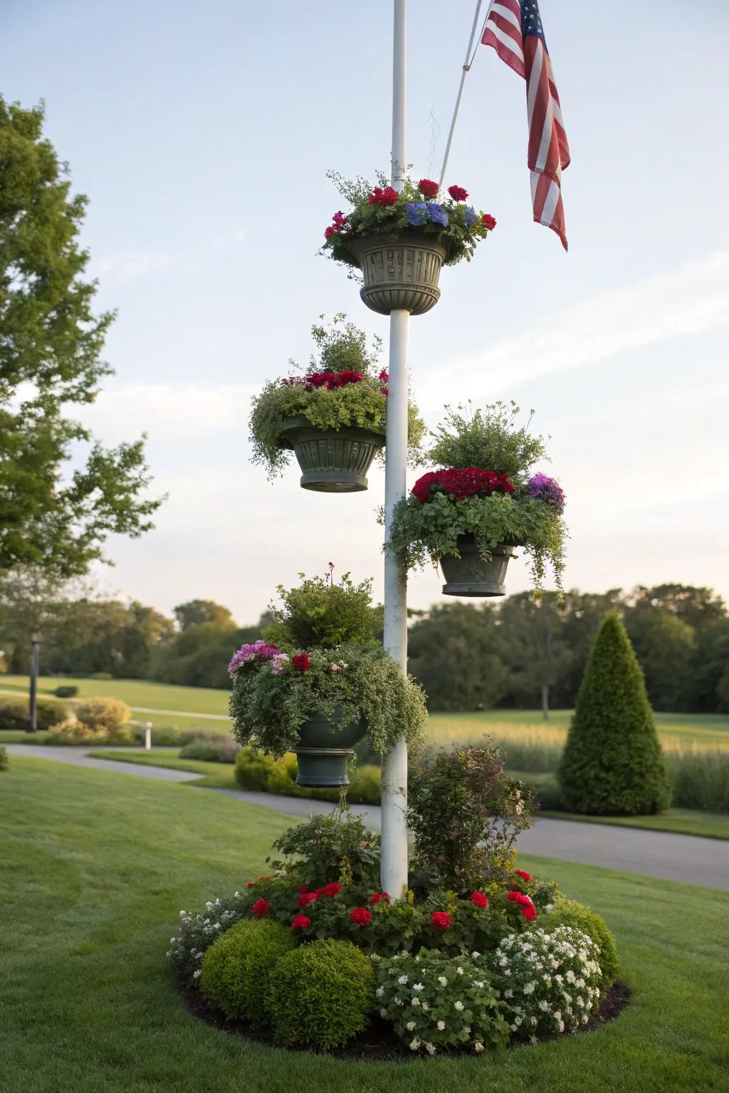 Staged greenery contributes measurement and elegance to flagpole garden design.