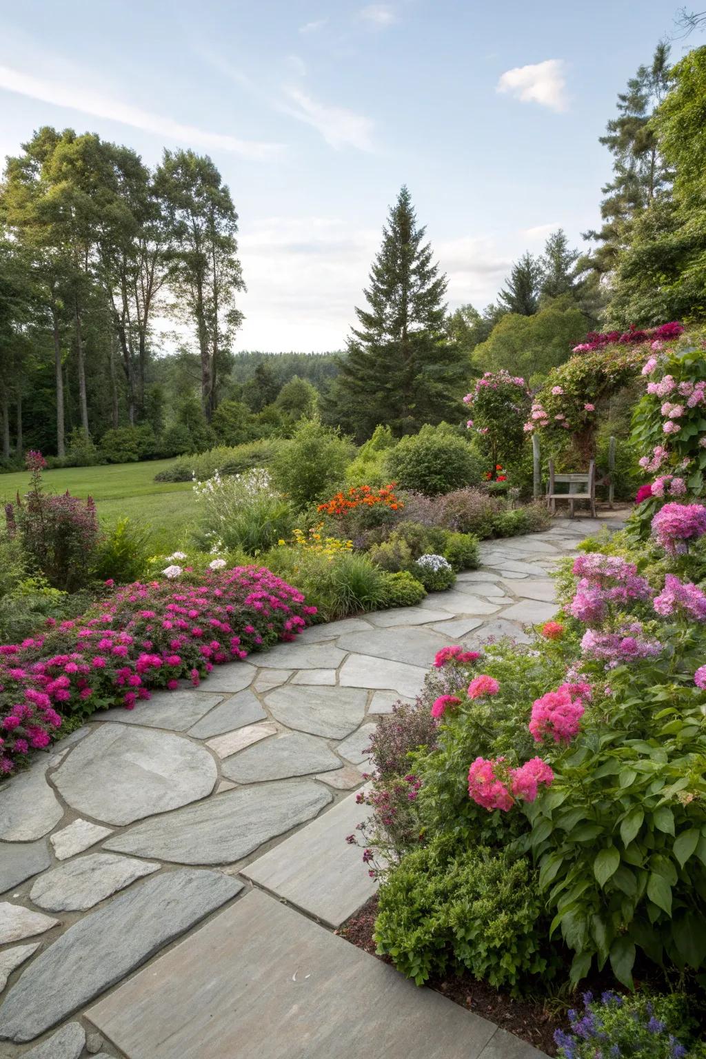 A vibrant flagstone patio embraced by nature.
