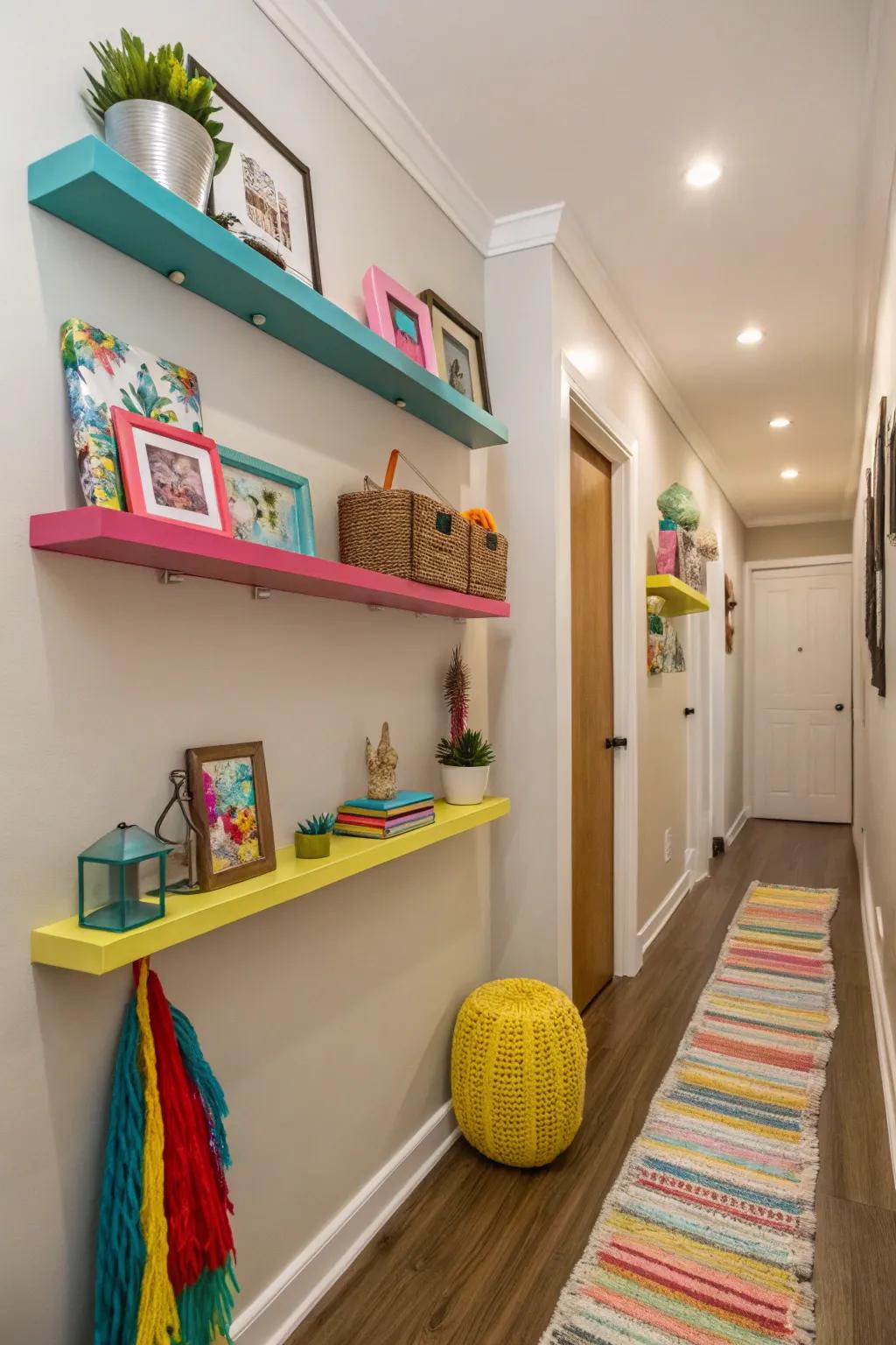 Include a burst of color through vibrant floating shelves.