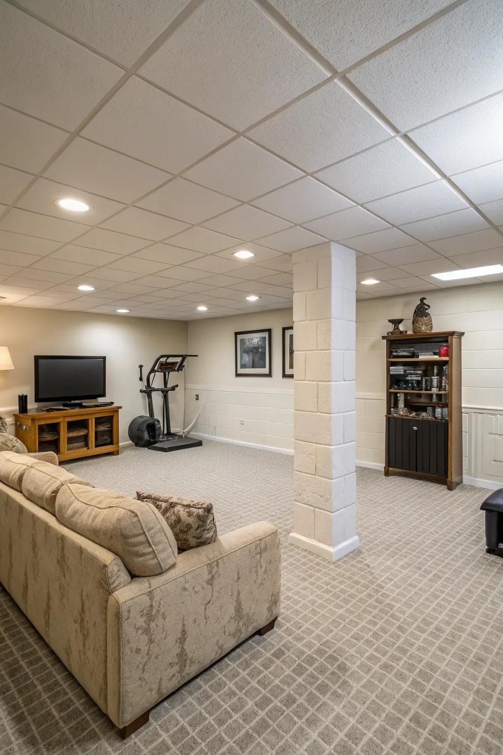 Tile and carpet combination balances style and functionality.