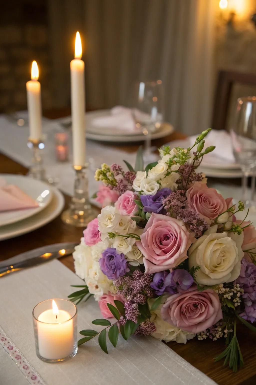 A romantic bouquet enriching a candlelit dining experience with elegance.