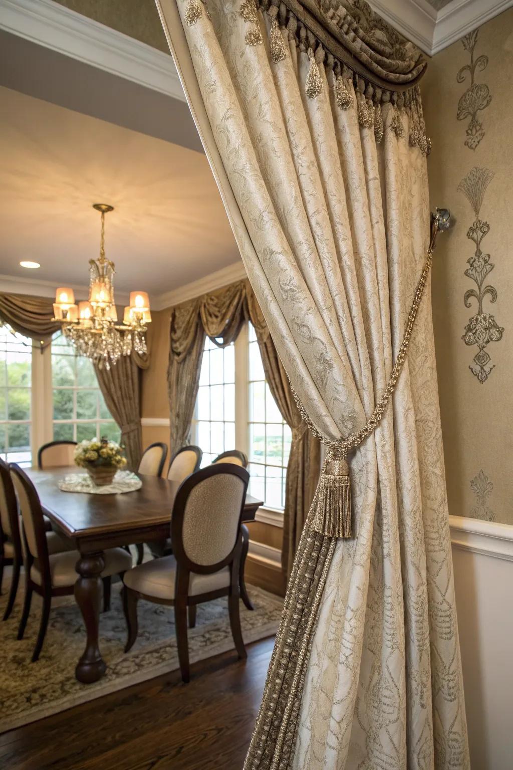 Decorative window treatment fixtures add elegance to this dining area.