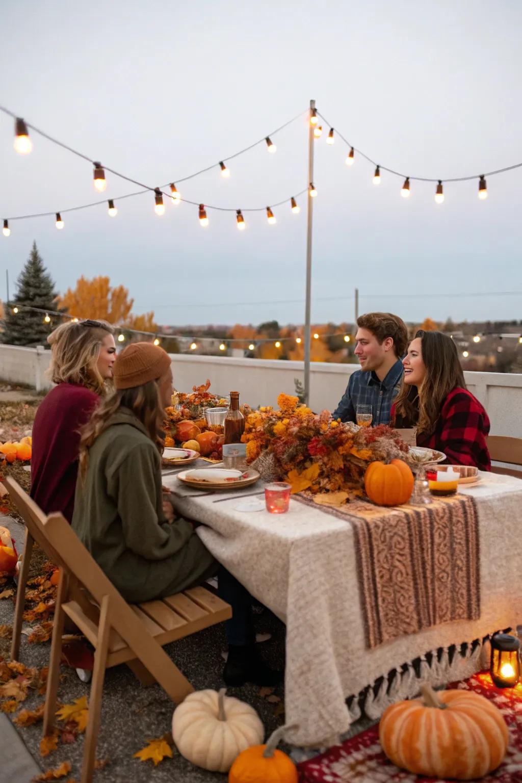 An enchanting exterior Friendsgiving arrangement set beneath twinkling lights.