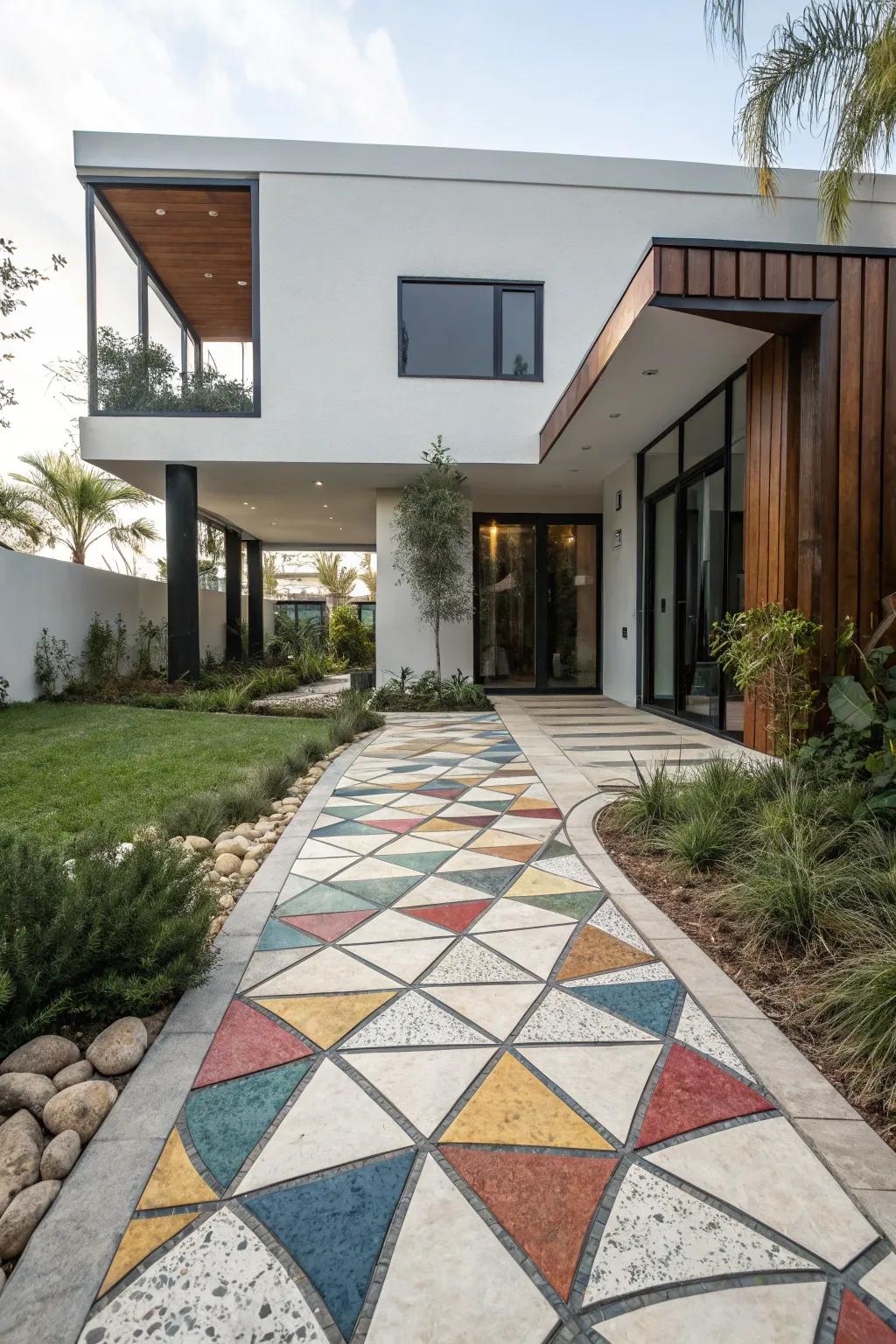 Geometric paver layouts conveying a bold declaration.