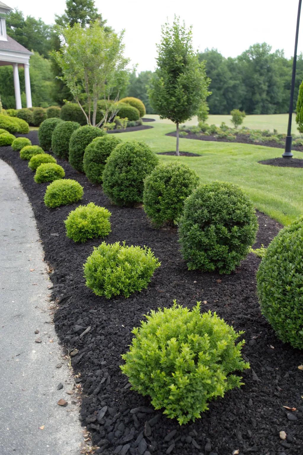 Layering plants over ebony ground cover for added dimension.