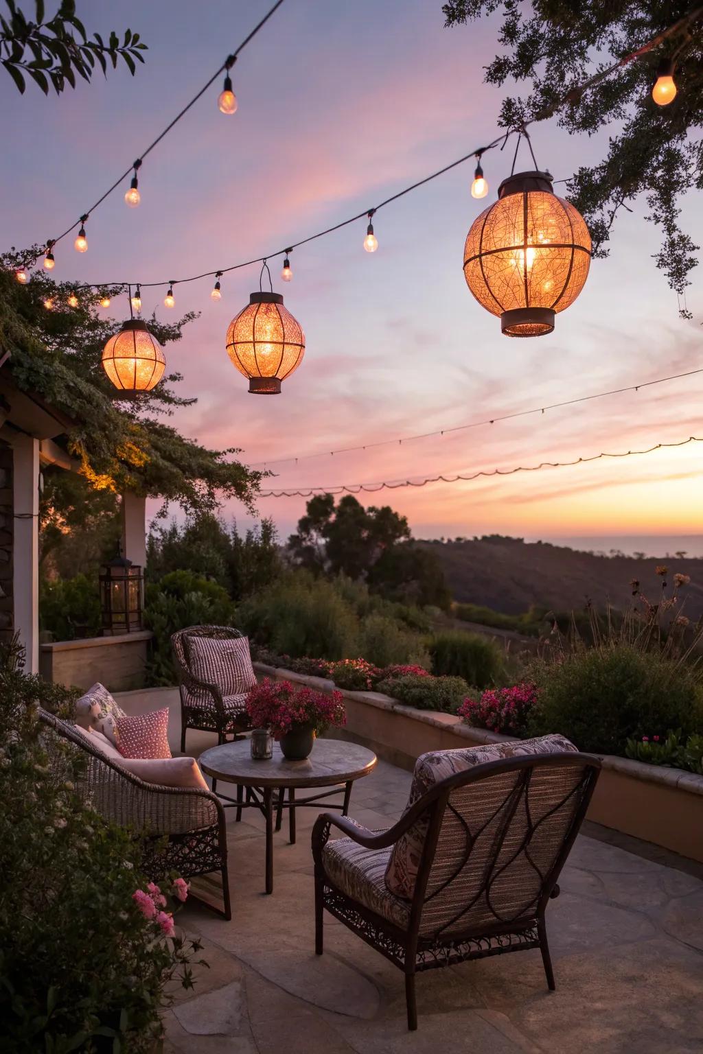 Hanging lanterns illuminate the porch with a welcoming glow.