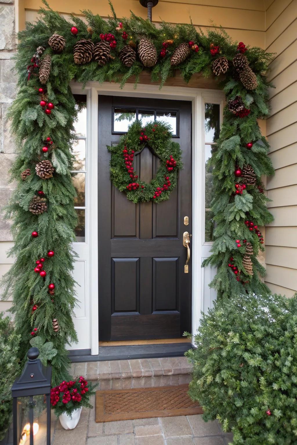 Evergreen festoons fashion a sumptuous festive framework for your portal.