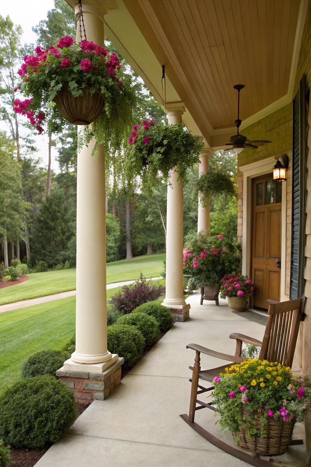 Suspended baskets on columns elevate your porch via vibrant plant life.