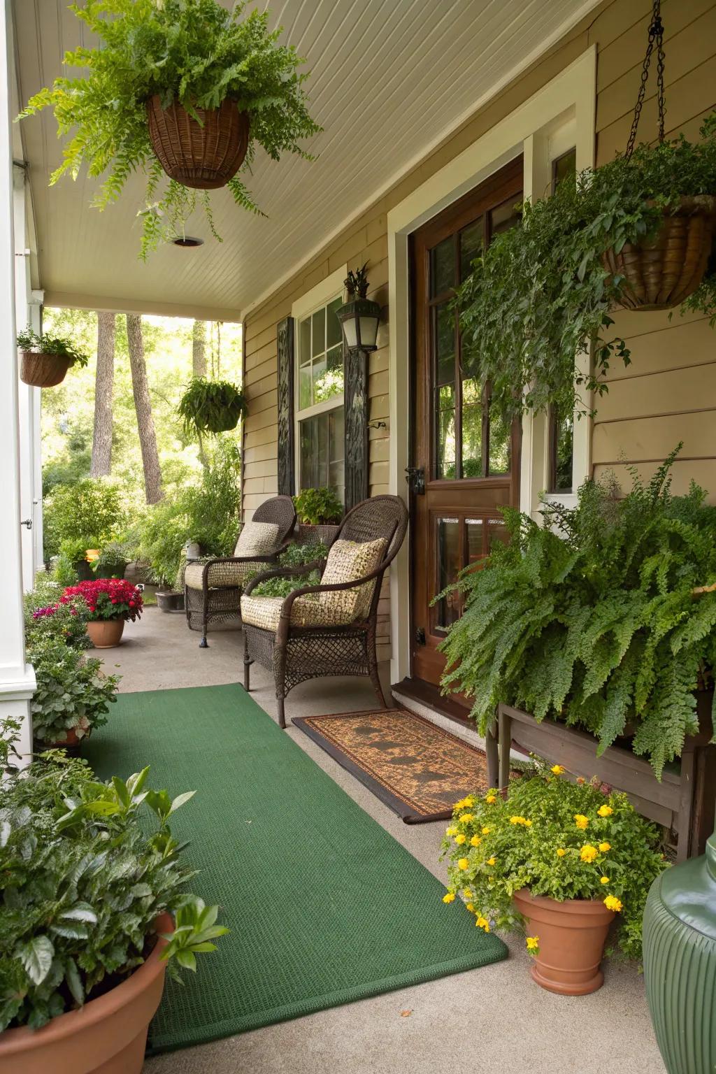 Plants and rugs combine to create a nature-inspired porch ambiance.