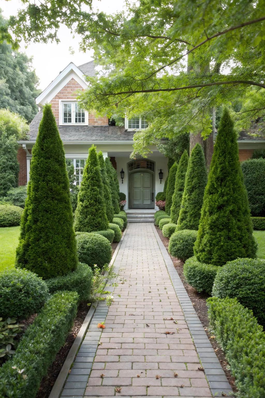 Symmetrical evergreens create a formal entryway.
