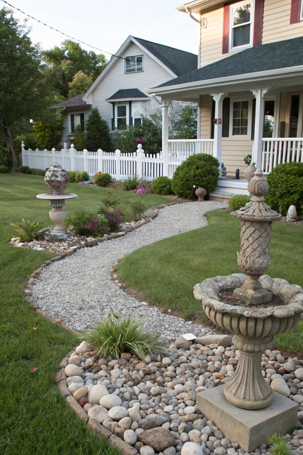 Artistic sculptures and ornamental stones enhance the landscape with a flair of creativity.