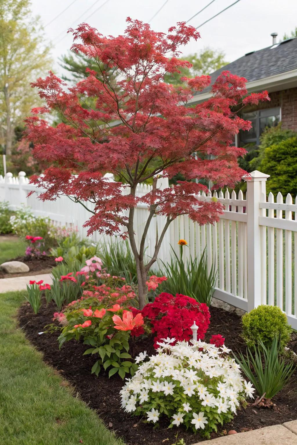 Seasonal flowers provide a colorful backdrop to the Japanese maple tree, offering year-round appeal.