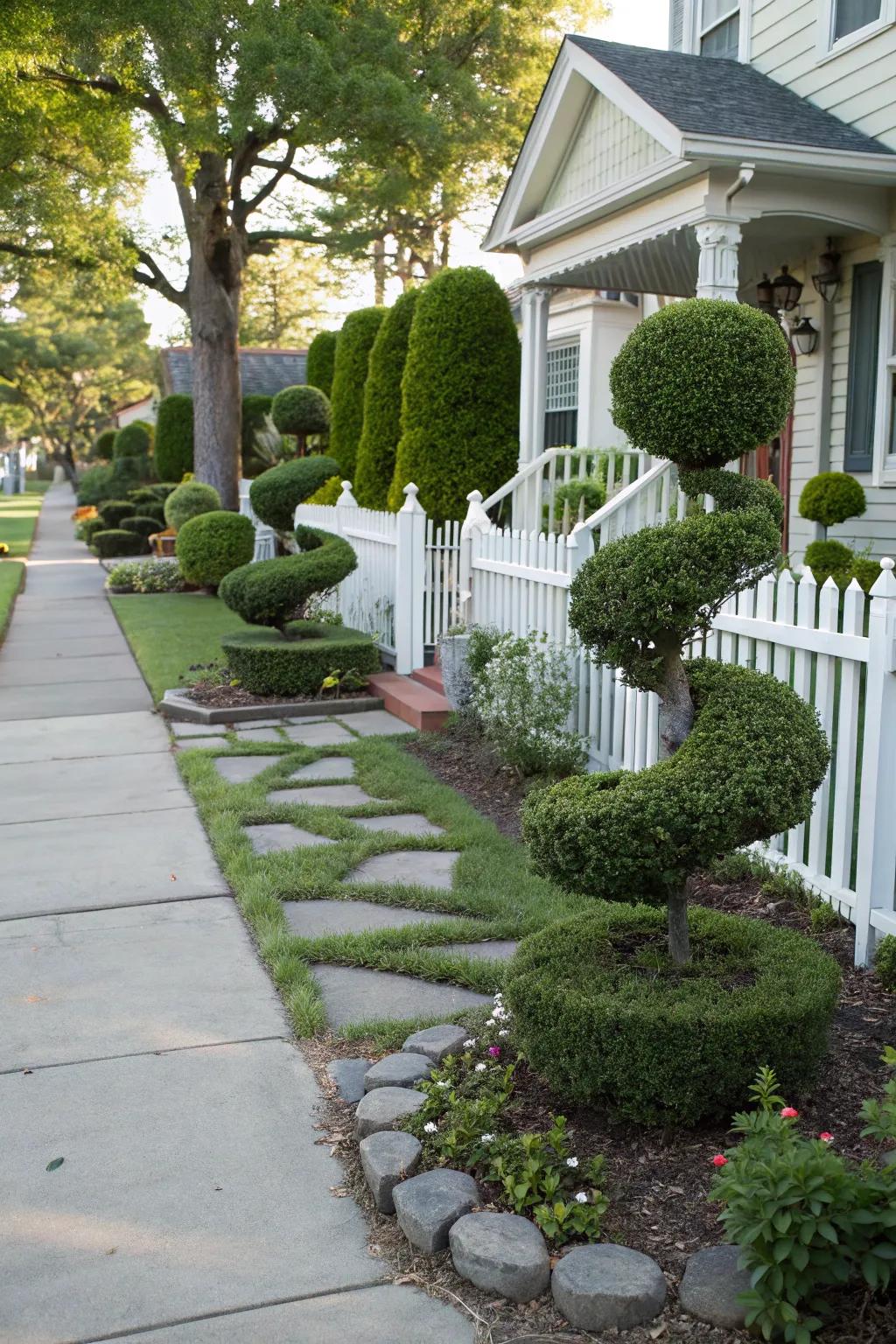 Topiary adds whimsy and sculptural interest to a front garden.