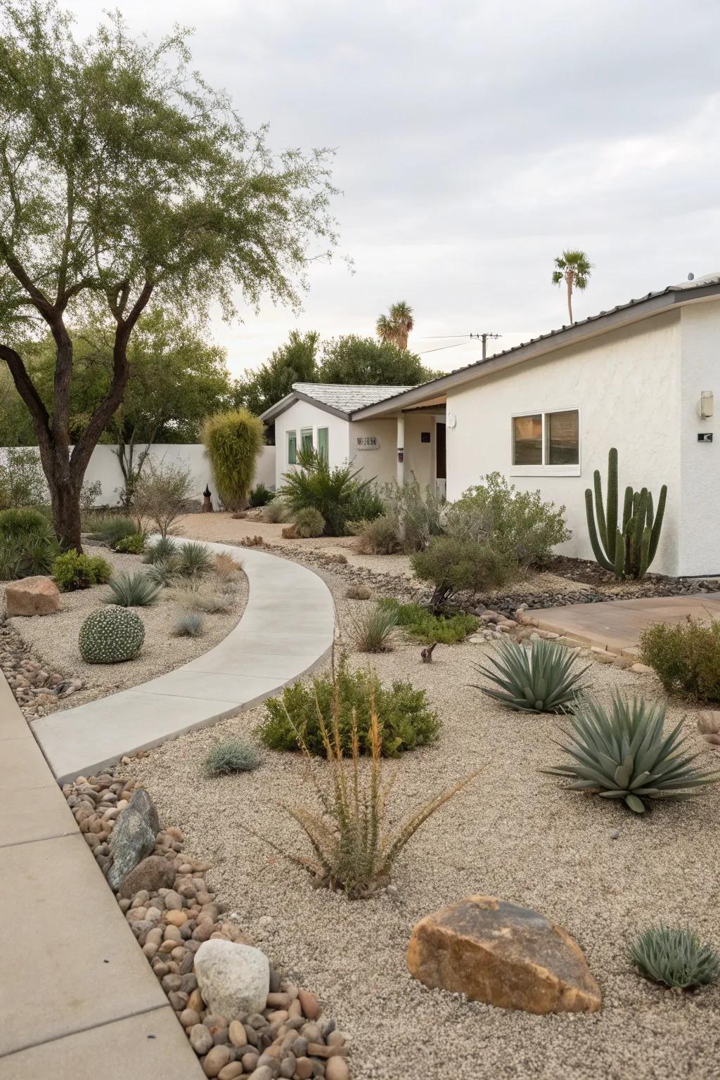 Minimalist design in xeriscaping underscores simplicity and tranquility.