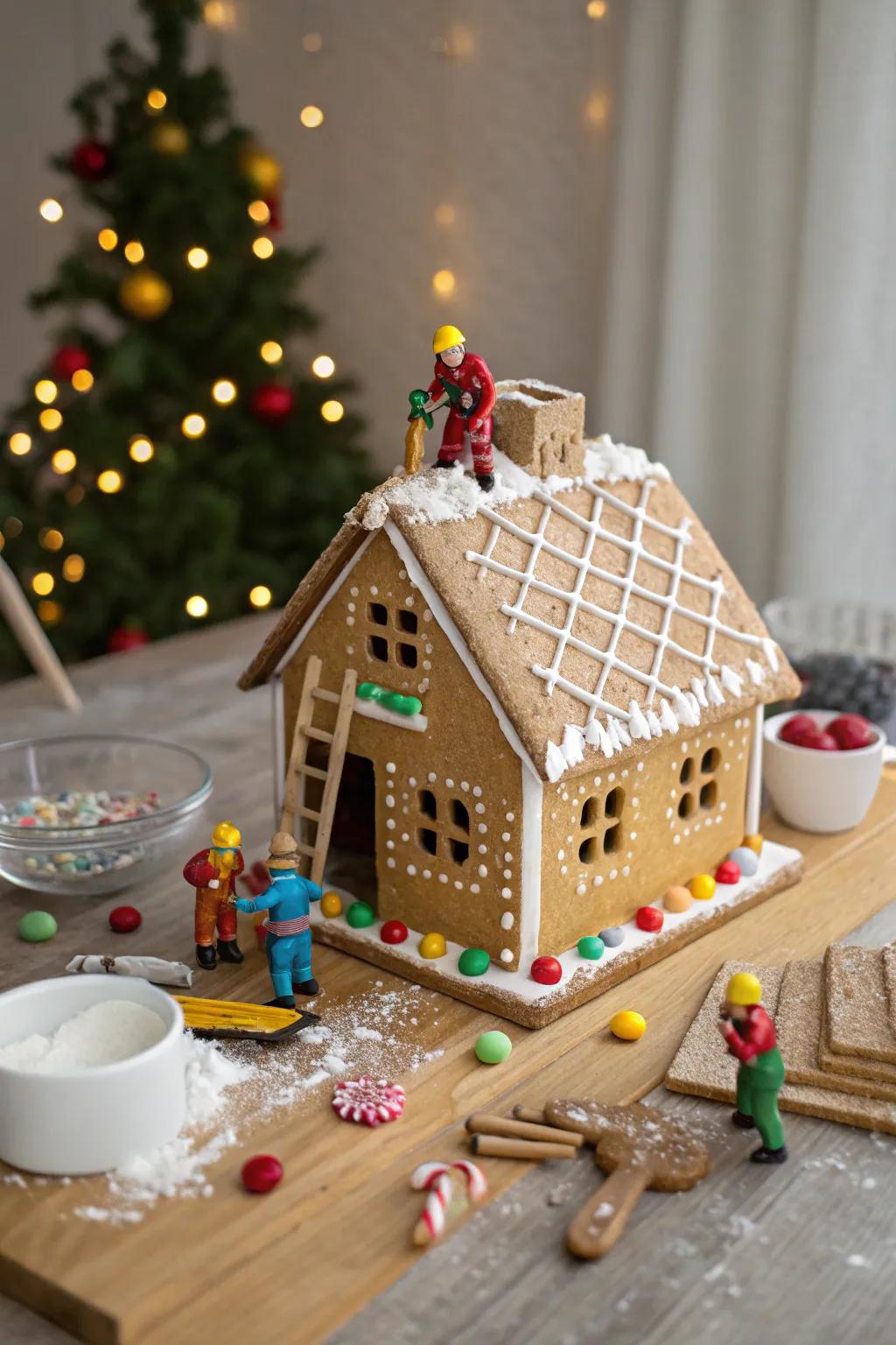 A gingerbread house in progress