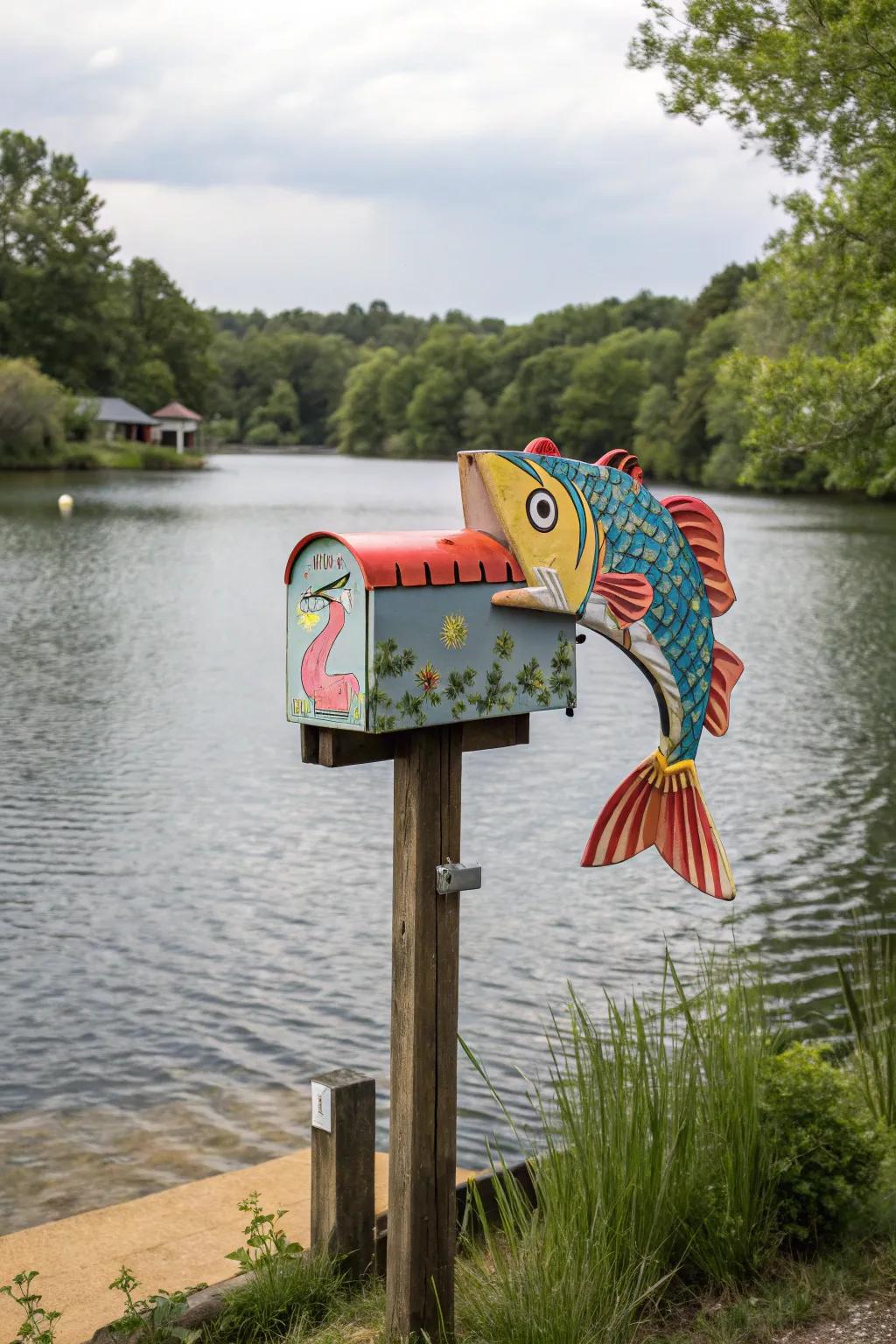 A vivid fish-shaped mailbox impeccably suited for waterfront properties.