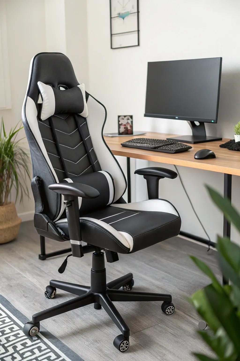 An ergonomic chair delivers crucial support for extended gaming sessions.