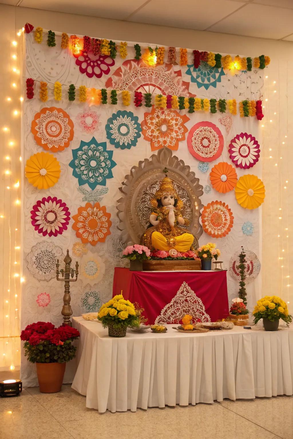 A playful and energetic paper backdrop for Ganpati.