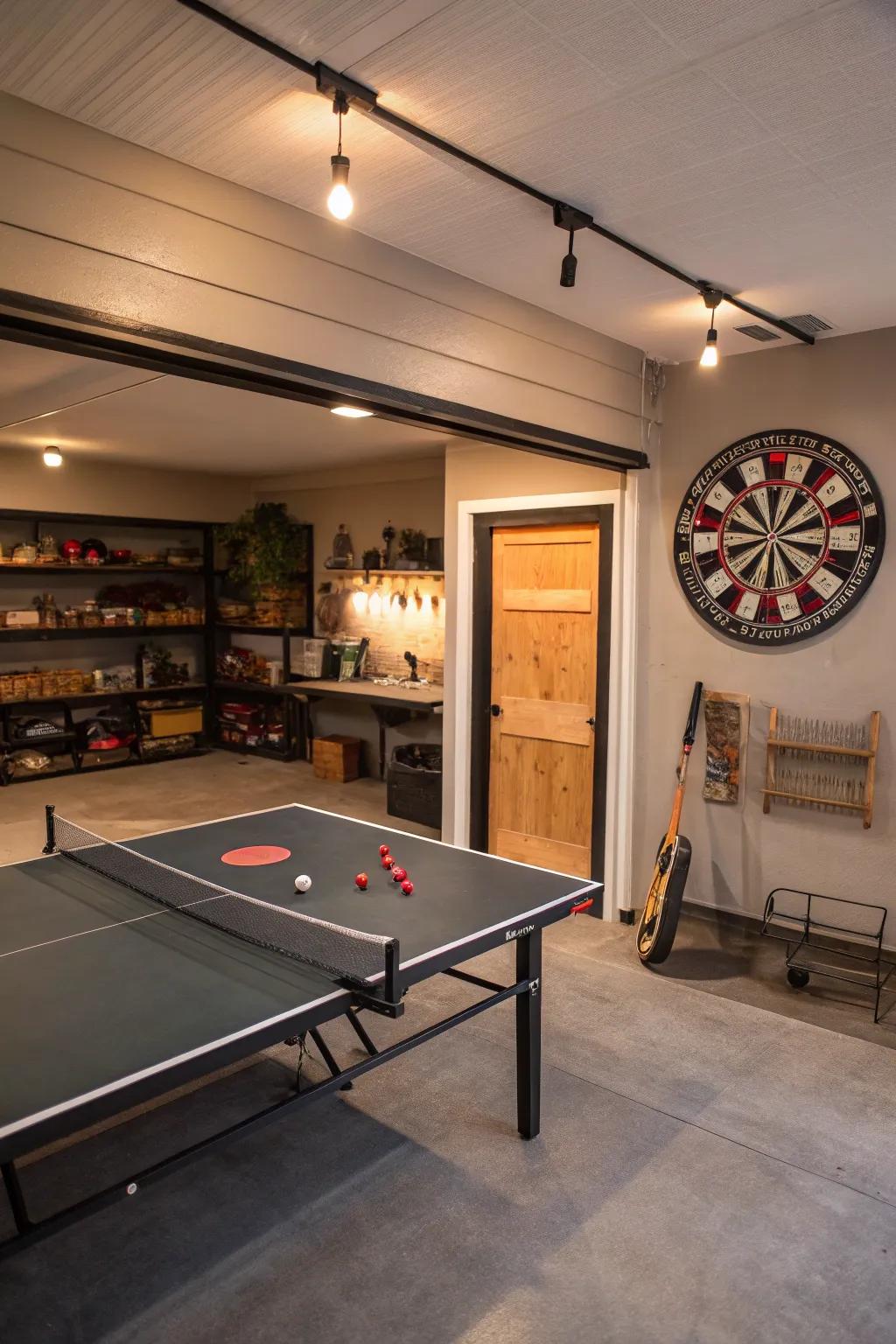 A recreational space in the garage with games and enjoyable activities.