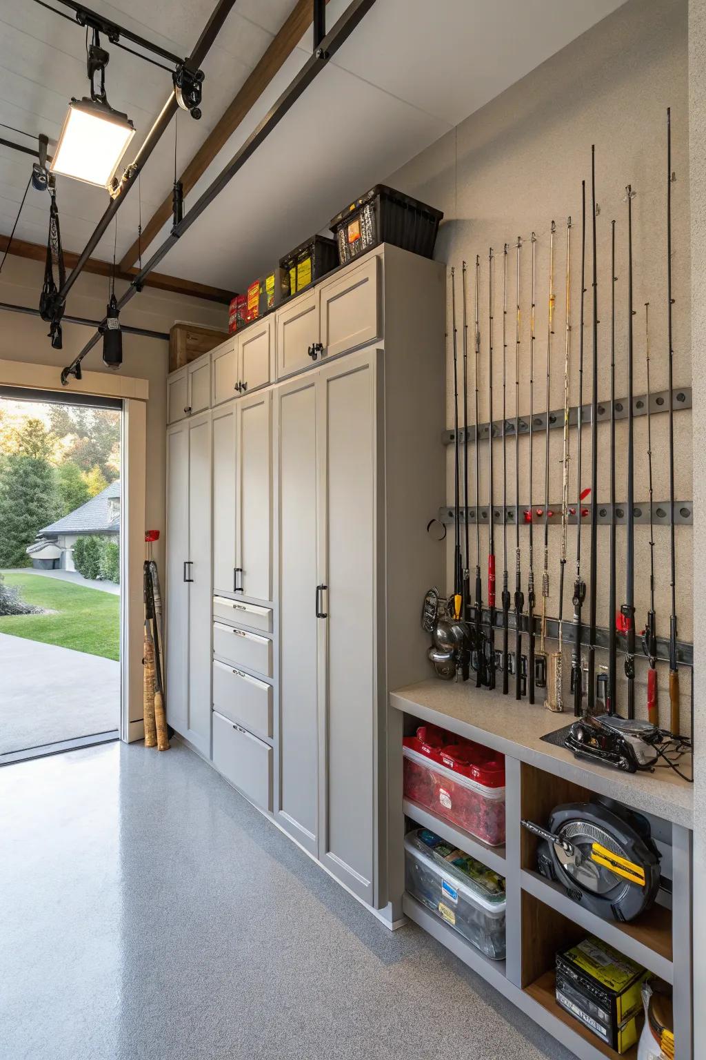 Handmade cabinets offer a customized storage approach for arranging fishing gear with style.