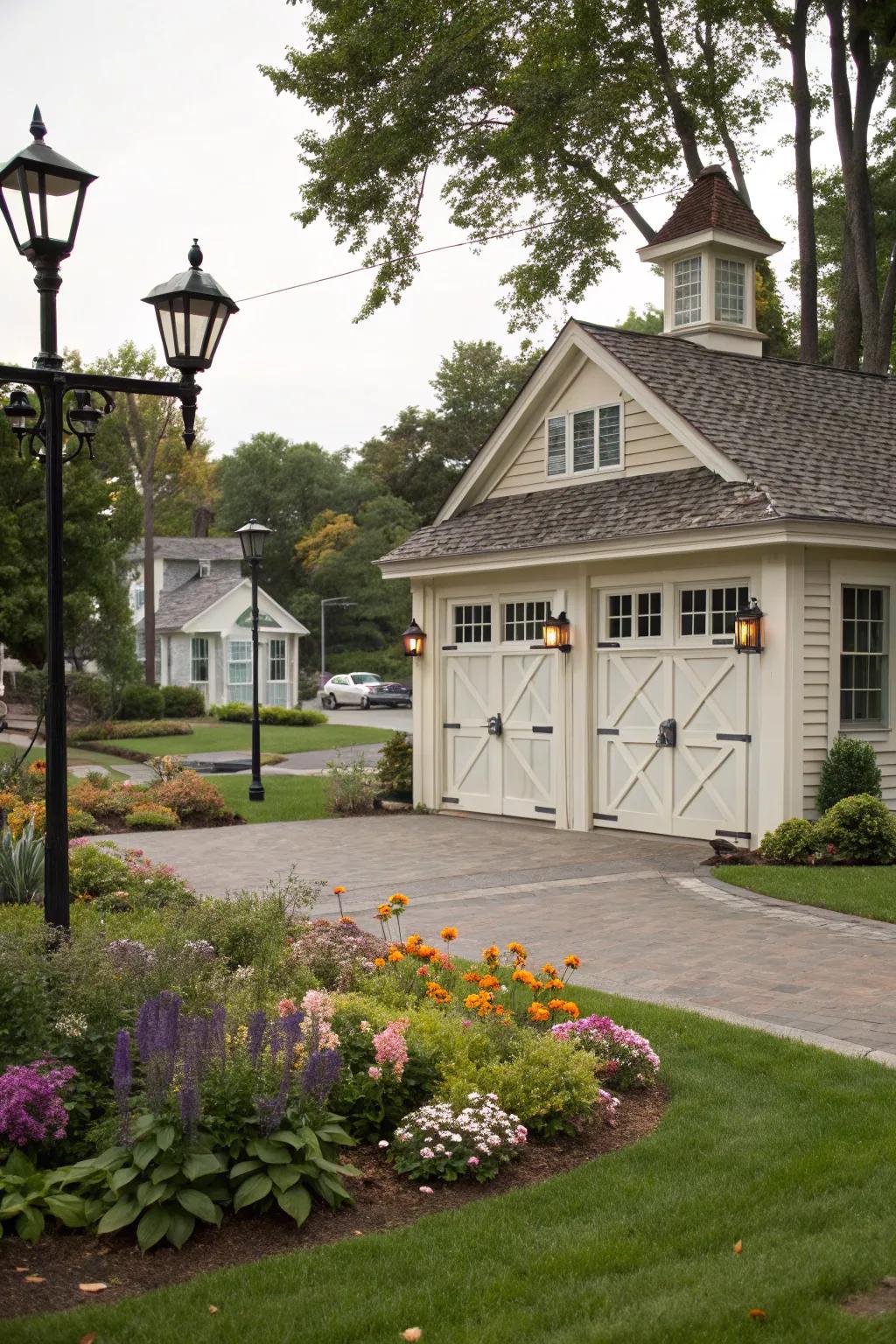 A classic coach house-style garage entrance with graceful trim.