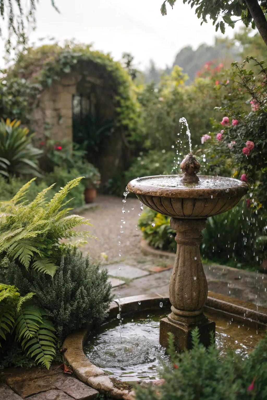 A serene garden water fountain encompassed by lush plants, adding peace to the area.