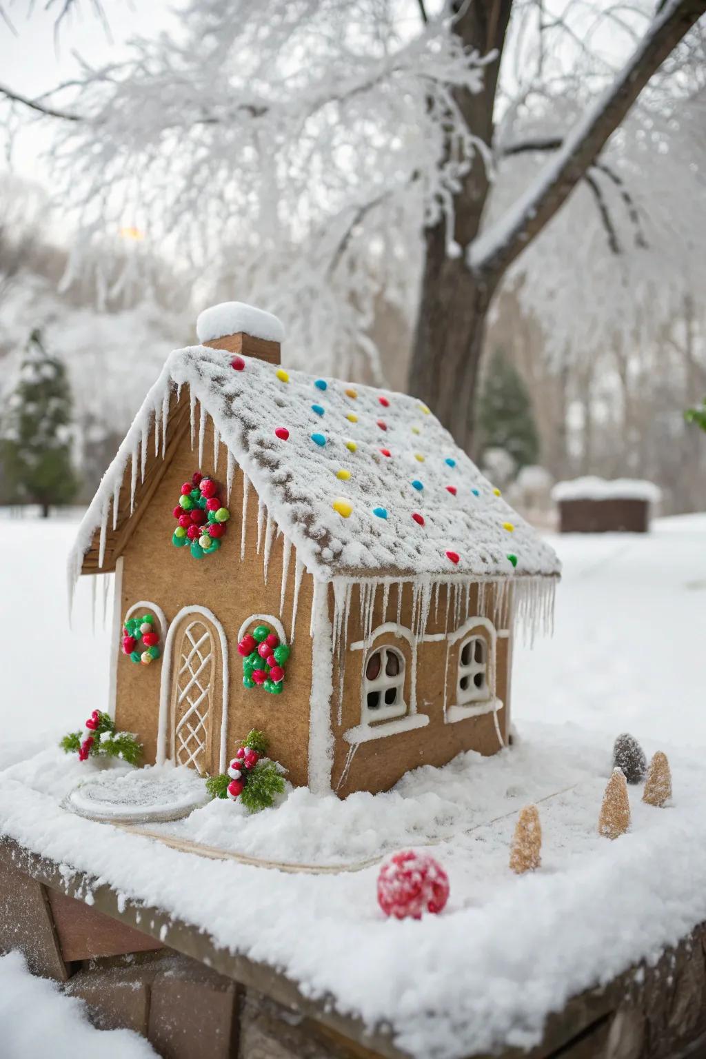 A gingerbread house featuring elegant sweet glaze pendants.