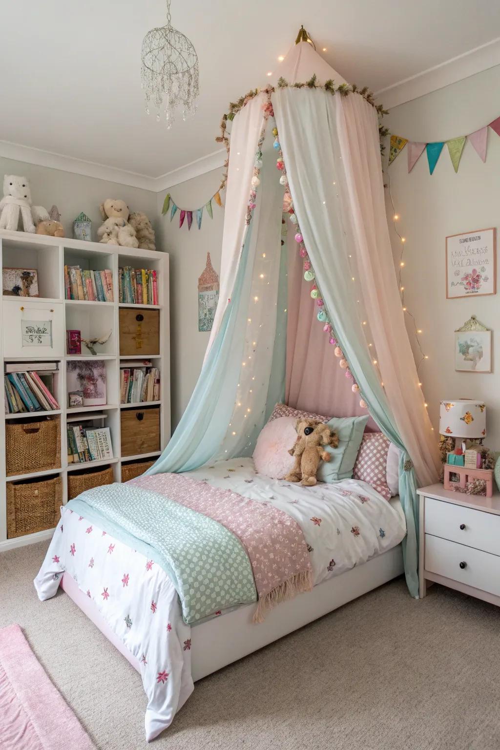 A whimsical drape crafts a magical sleeping quarter.