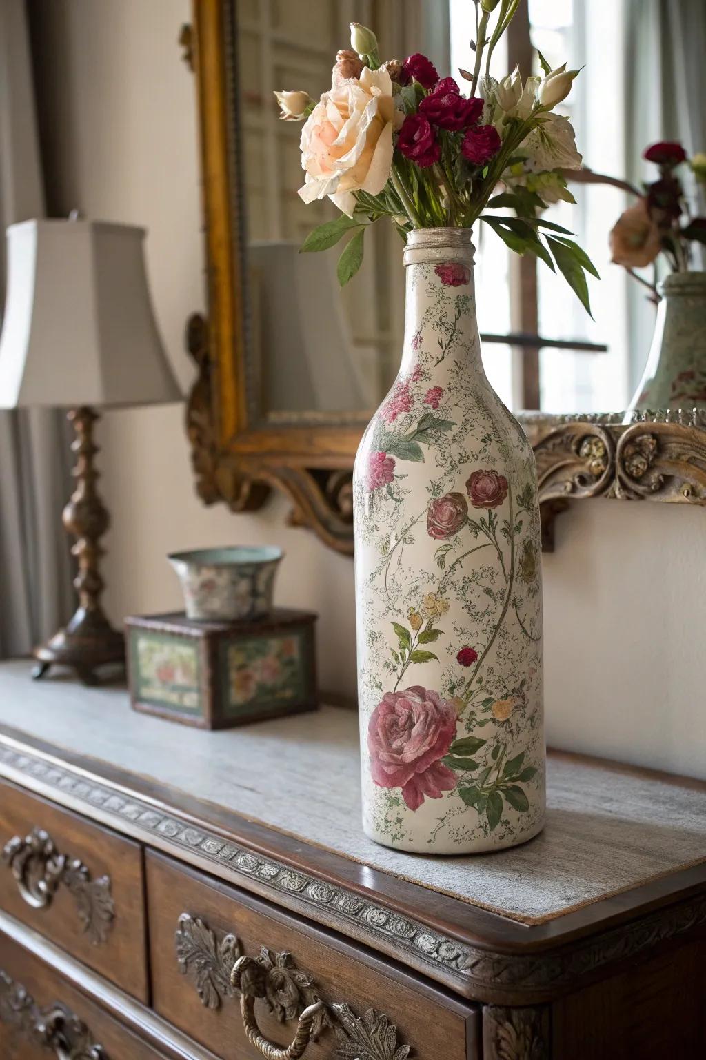 A decoupage bottle displaying the splendor of antique flowers.