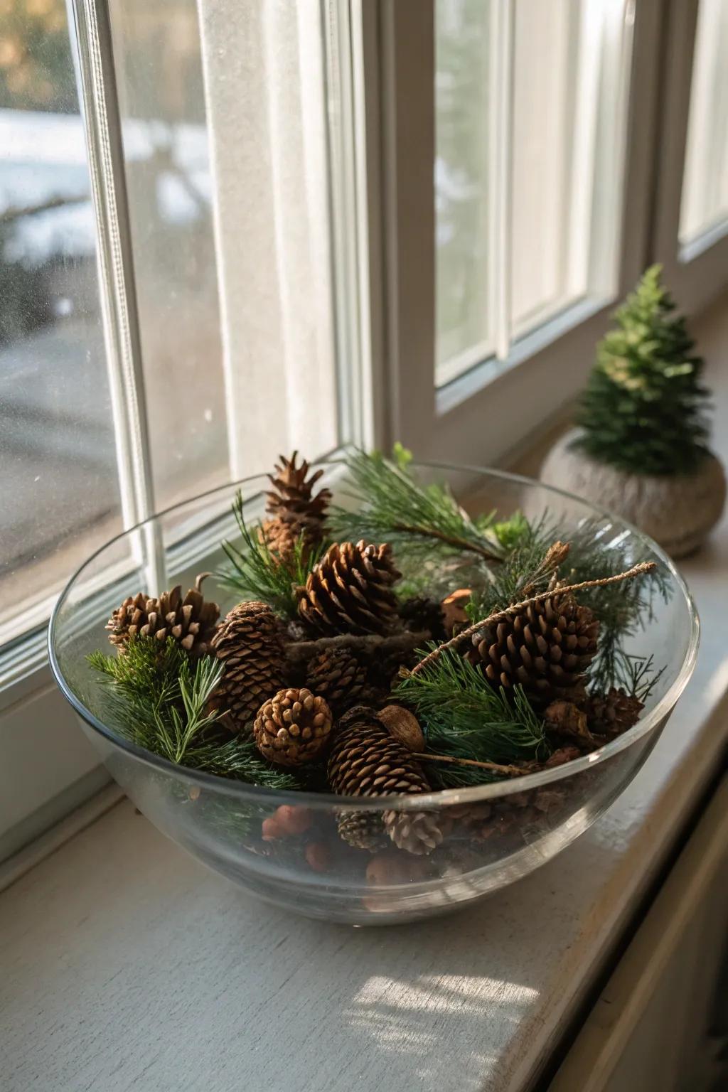 Unaltered sophistication, evidenced by coniferous cones and verdure nestled within a crystal vessel.